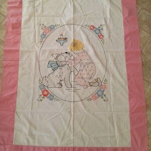 Vintage Pink White Child's Hand Embroidered Coverlet